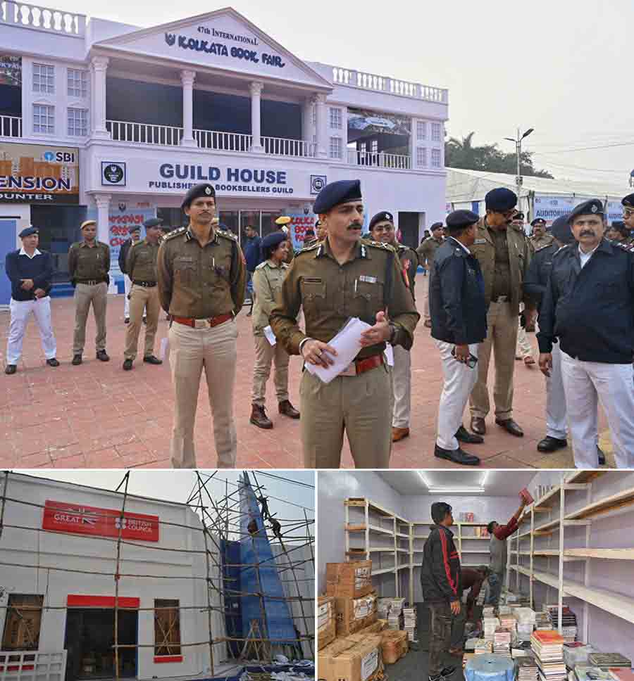 A day ahead of the inauguration of 47th International Kolkata Book Fair, preparations were on in full swing while Bidhannagar Police personnel visited the Boi Mela Prangan  