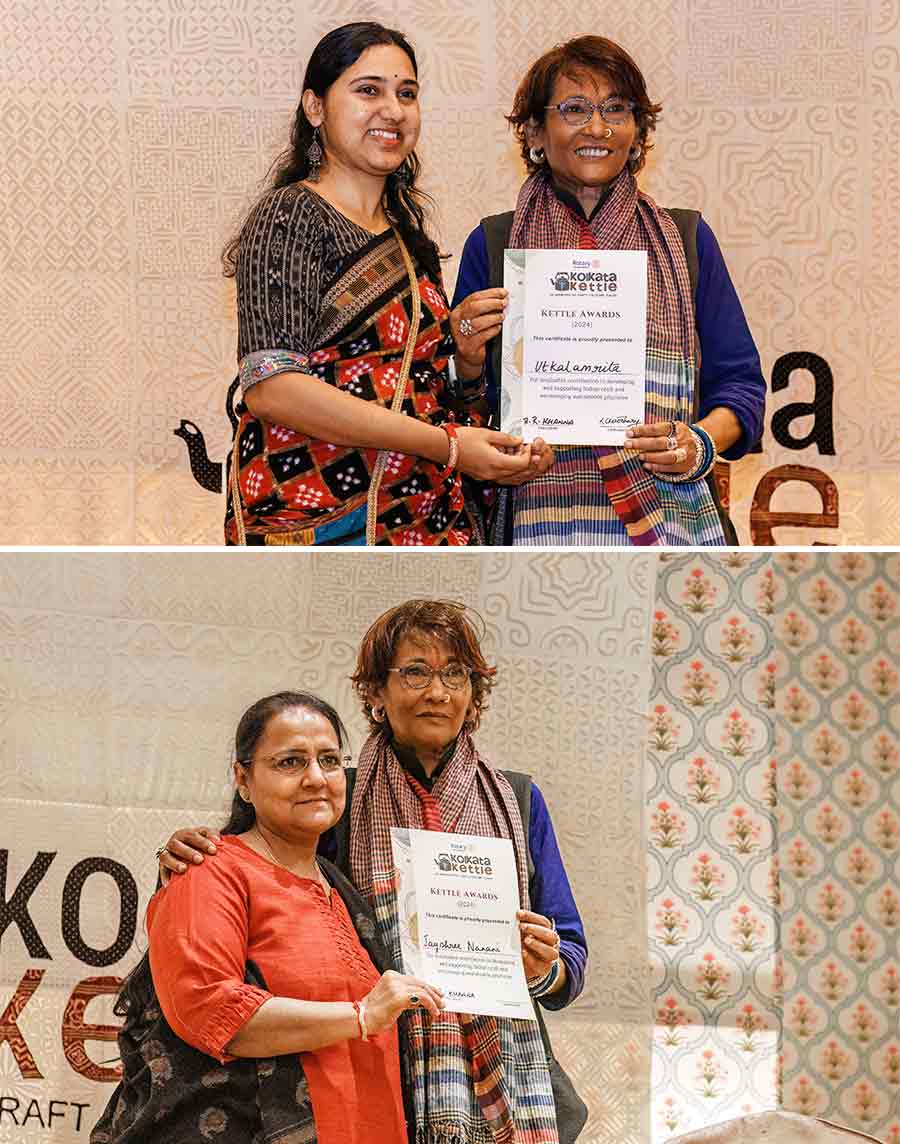 (L to R) Amrita Sabat of Utkalmrita from Bhubaneswar, who was also a panellist for a discussion of handloom on day one of the exhibition, was also honoured at the event. Women entrepreneurs like Jayshree Nanani of Jam Creation, who works with fabrics like bandhej, patola and paithani, was awarded for her contribution to the textile industry