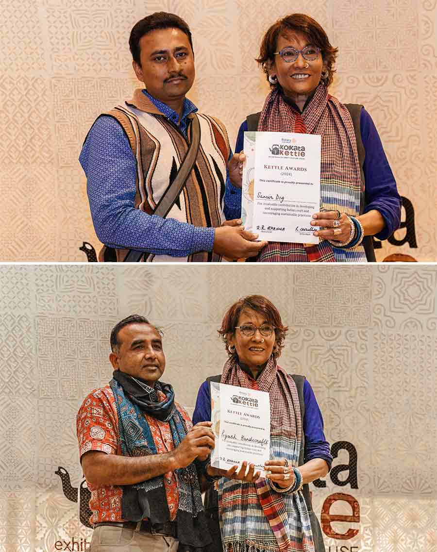 (L to R) Sameer Dig from Hooghly, who has been creating ripples with his shadow artworks, received an award for his craftsmanship. Vinod Parmar from Gujarat, who works with ajrakh, was also felicitated by the Rotary Club