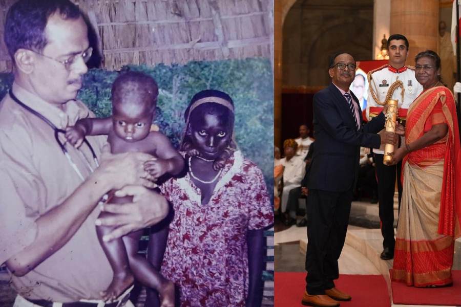 A Jarawa baby on Dr Ratan Chandra Kar’s lap, plays with his stethoscope, as his parents look on. (Right) Receiving the Padma Shri from the President in 2023.