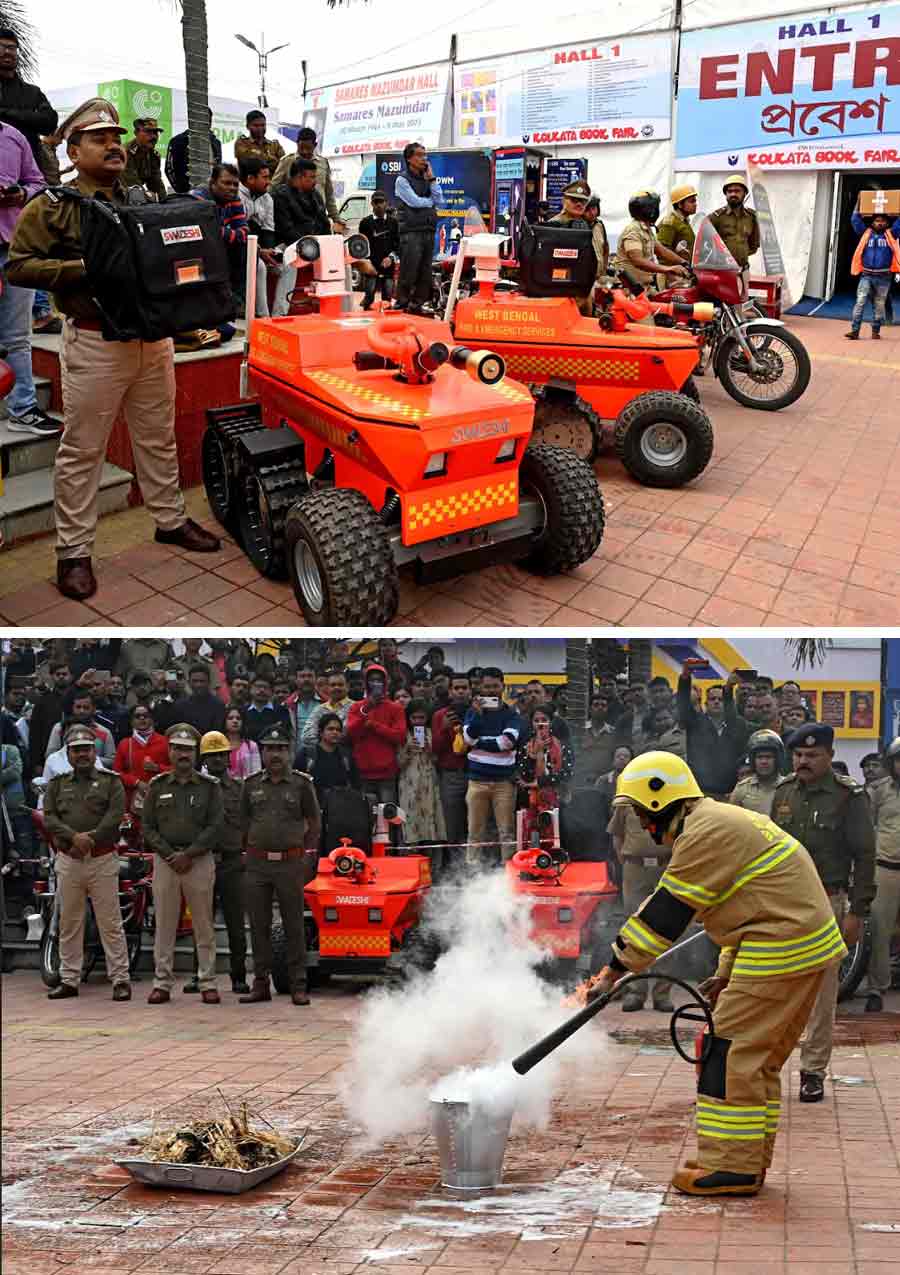 The West Bengal Fire Service demonstrated on how to fight the blaze at the Book Fair on Friday  