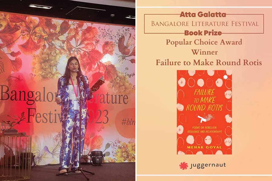 (L) Mehak Goyal at the Bangalore Literature Festival, 2023 and (R) ‘Failure to Make Round Rotis’ won the Popular Choice Award at the Atta Galatta Bangalore Literature Festival, 2023