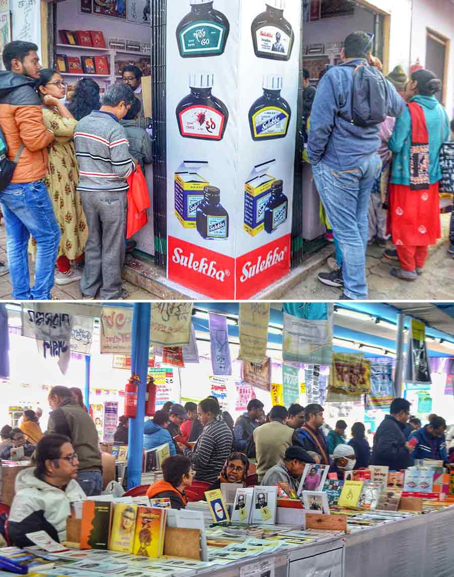 (Top) The Sulekha stall at the 47th International Kolkata Book Fair in Salt Lake was teeming with people on Saturday afternoon and (above) the Little Magazines pavilion evoked much interest amid book lovers