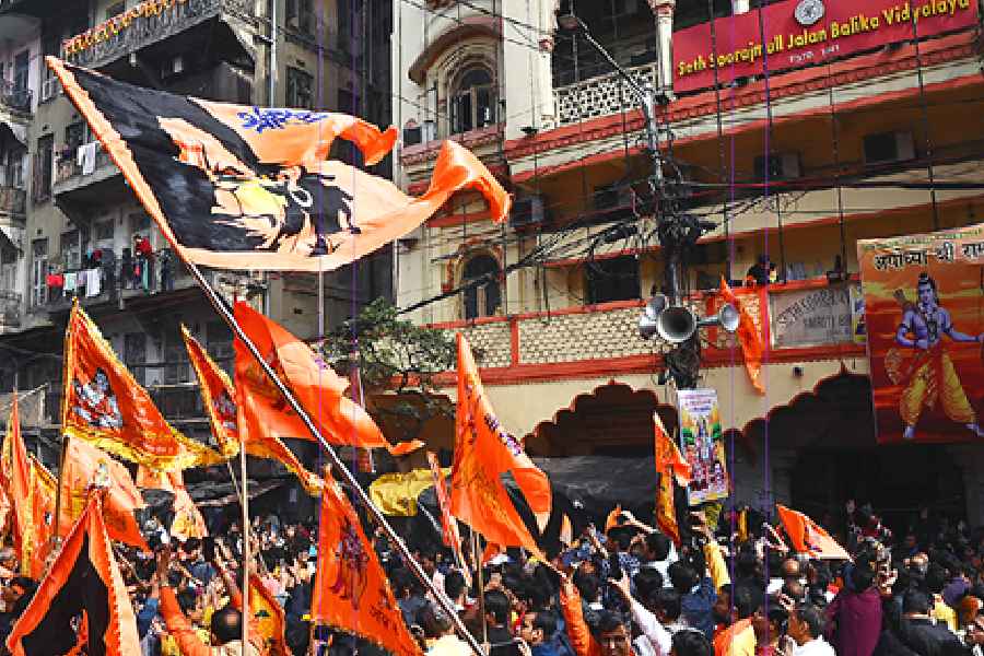 Celebrations outside the Ram Mandir on CR Avenue on Monday afternoon.