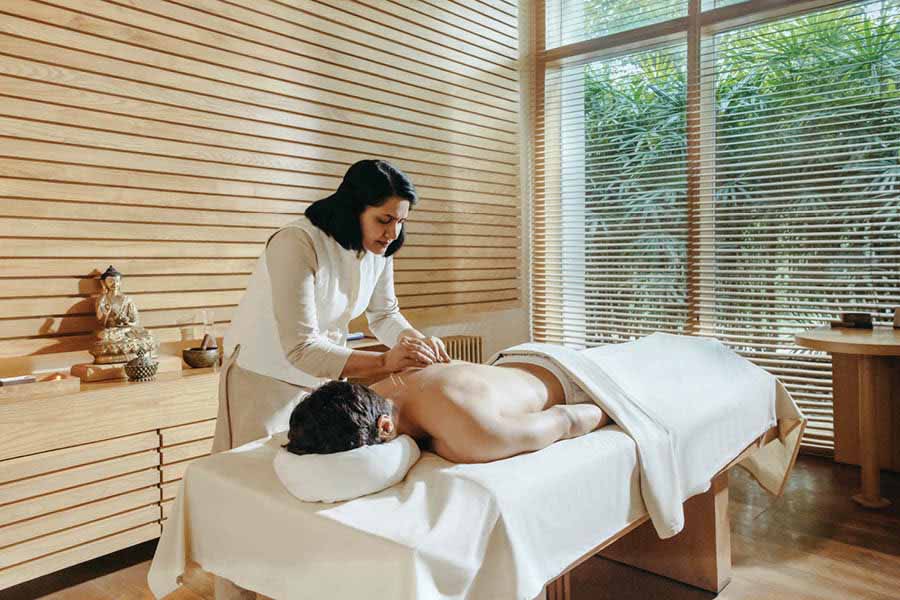 Abhyanga involves scrubbing the body, taking steam, bathing and massage therapy