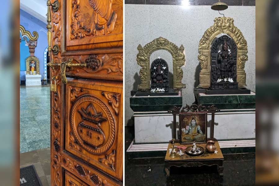 The embellished door to the temple and (right) a stone deity of Devaki carrying infant Krishna inside the temple. Devotees believe that Krishna took the form of an infant so that his biological mother Devaki, who had to part with him as a child, could recognise him 