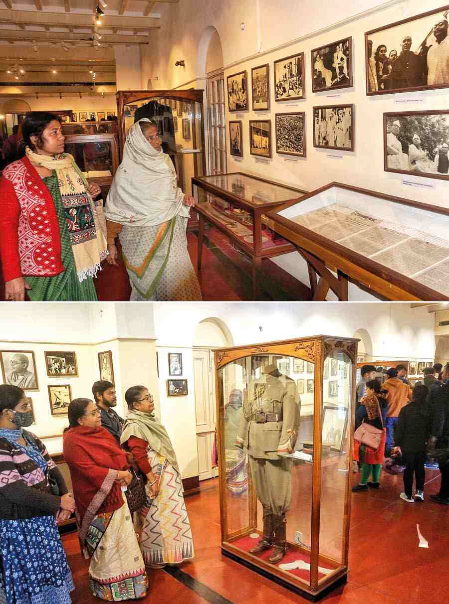 Visitors browse through photographs, artefacts and belongings of the Azad Hind Fauj founder on Tuesday
