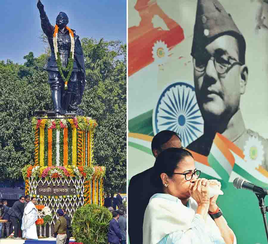 Chief minister Mamata Banerjee pays floral tributes at the pedestal of Netaji’s statue on Red Road and (right) blows a conch shell on a dais at the same venue