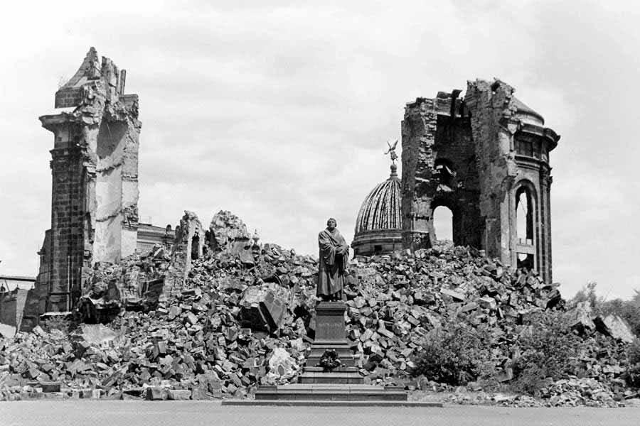 Ruins of the Church of Our Lady on in Dresden, which was destroyed by a bomb attack in February 1945 