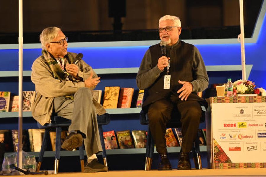 Sukanta Chaudhuri and (right) Amitav Ghosh at the Tata Steel Kolkata Literary Meet at the Victoria Memorial on Wednesday