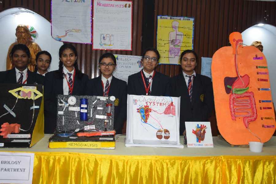 The biology department showcase their models at the exhibition organised by the students of Purwanchal Vidyamandir.