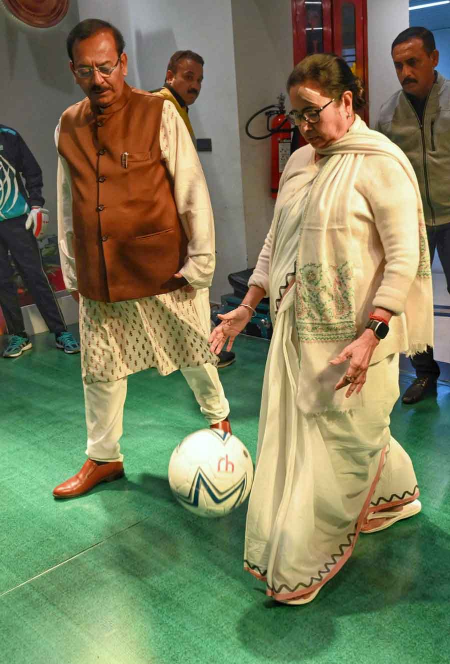 Chief minister Mamata Banerjee at Dhono Dhanyo auditorium for Khela Shree Award on Thursday  