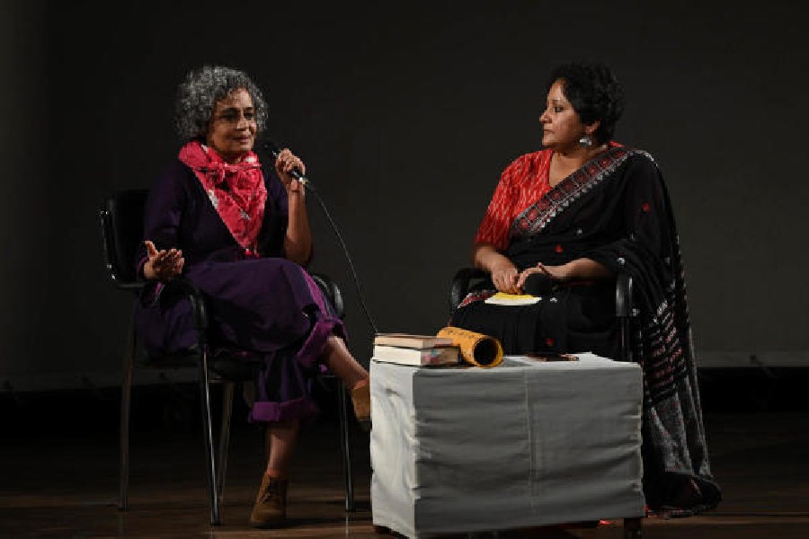 Author and political commentator Arundhati Roy (left) in conversation with Kasturi Basu at the Kolkata People’s Film Festival at Uttam Mancha on Thursday