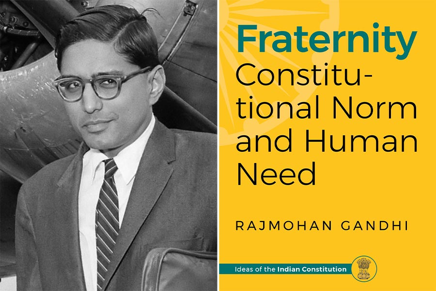 The book cover of ‘Fraternity: Constitutional Norm and Human Need’ by Rajmohan Gandhi, published as part of the ‘Ideas of the Indian Constitution’ series by Speaking Tiger Books, 2024