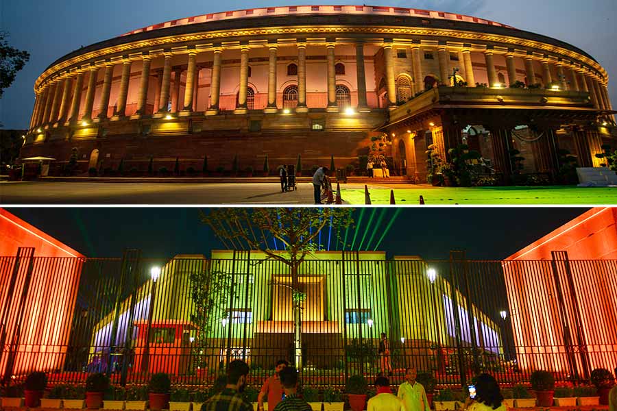 The old Parliament building (above) and the new Parliament House in New Delhi (below)