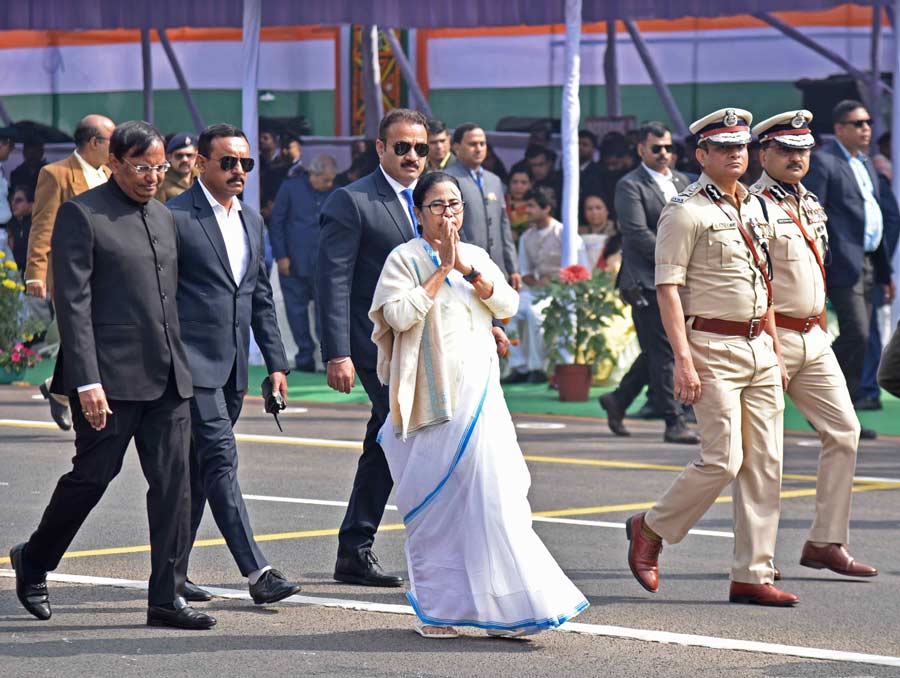 Chief minister Mamata Banerjee arrives for the Republic Day parade at Red Road on Friday morning