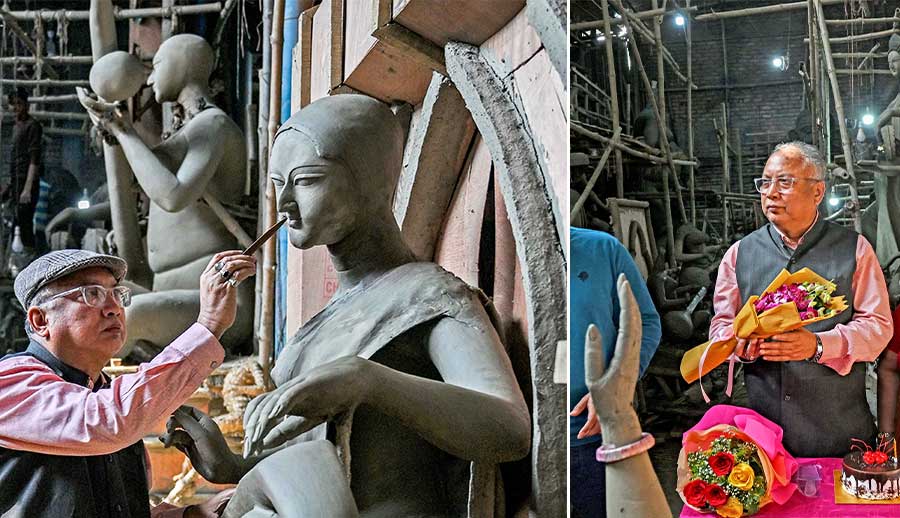 Sanatan Rudra Pal strokes a brush on an idol and (right) is felicitated at an Ultadanga studio on Friday during a small celebratory function to mark the announcement of his name as a Padma Shri recipient in art from West Bengal