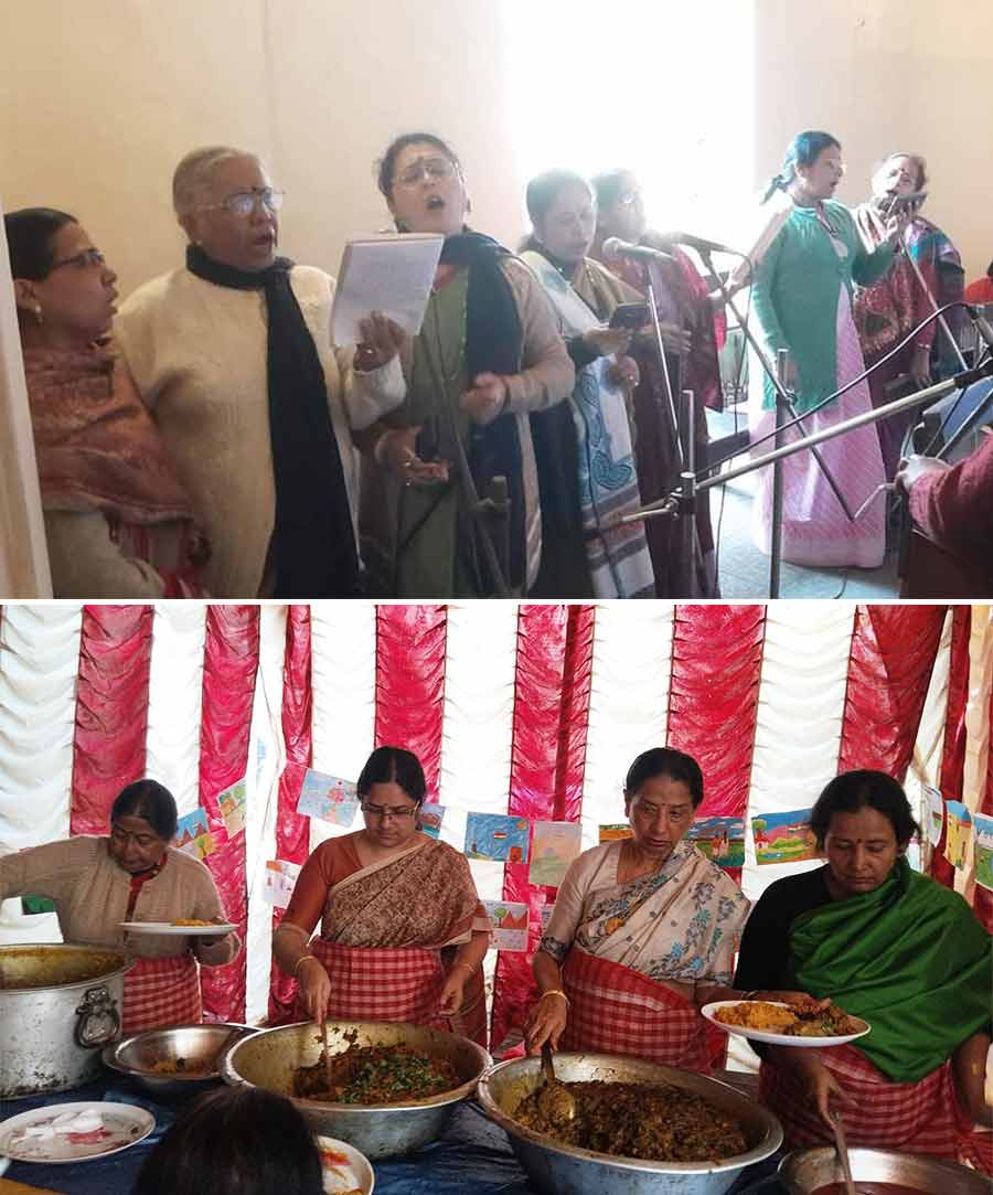 (Top) The choir performs Brahmosangeet during the 194th Maghotsav celebrations at the Sadharan Brahmo Samaj on Bidhan Sarani on Friday and (above) samaj members serve lunch during the community feast that followed