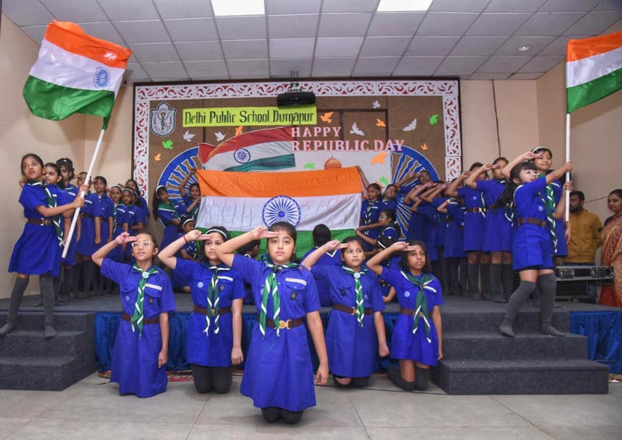 Students take part in the 75th Republic Day celebrations at Delhi Public School, Durgapur, on Friday