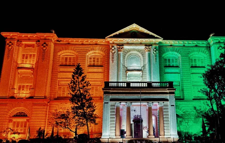 The facade of Birla Industrial and Technological Museum facade is lit up in Tricolour on Republic Day 2024