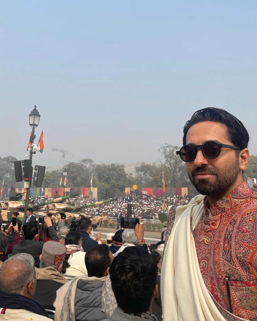 Ayushmann Khurrana witnessed the Republic Day parade in New Delhi’s Kartavya Path. “Took me back to my childhood days when I used to religiously watch this on Doordarshan every year with my entire family,” the Dream Girl 2 actor wrote alongside a picture of him sporting a waistcoat with ethnic motifs over a white shirt and a woven shawl wrapped around.