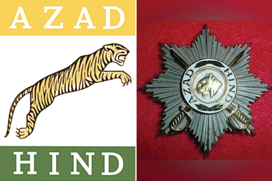Flag of the Free India Legion and (right) an Azad Hind pin 