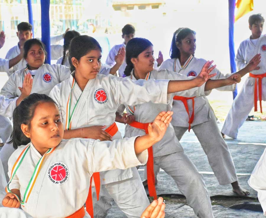 Young karatekas take part in the 23rd Itosu-Ryu State Karate Coaching Camp in Dhakuria Kolkata on Saturday