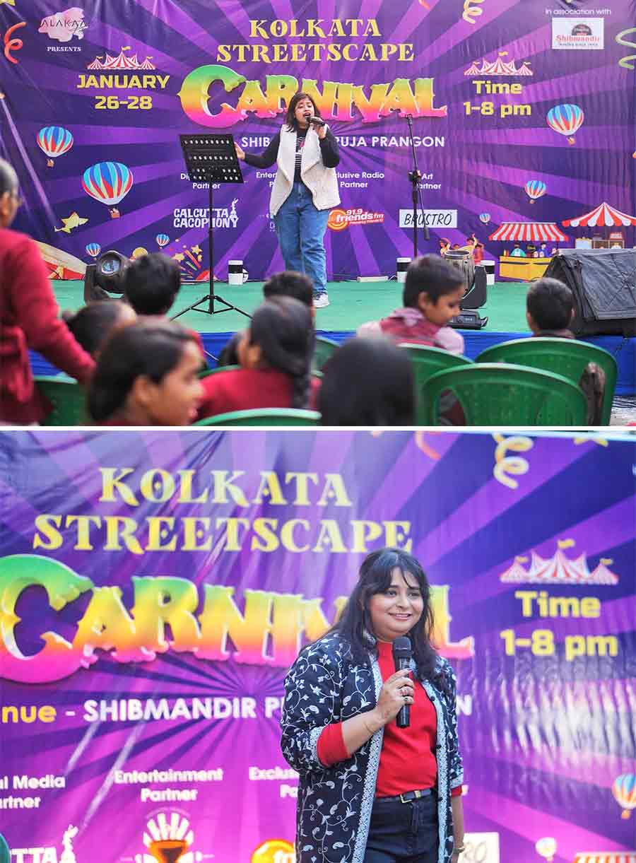 The event had a curated mic, featuring performers from Chaitown Community. While (top) Modhurima Ganguly sang soulful numbers like ‘Pasoori’, ‘Tu Jhoom’ and ‘Bella Ciao’, (below) Upasya Bhowal shared her heartwarming poems on the sun, eyes, and love