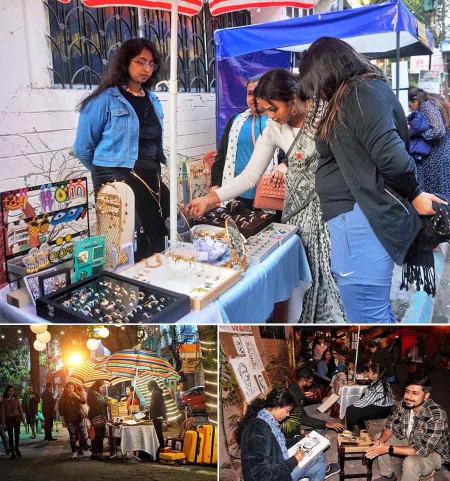 The event had over 30 stalls of various kinds. People were torn between (top) buying artistic jewellery, (bottom left) gifting themselves a book, and relishing lip-smacking snacks. (Bottom right) Chhobi-O-Ghor even had artists offering people live caricatures
