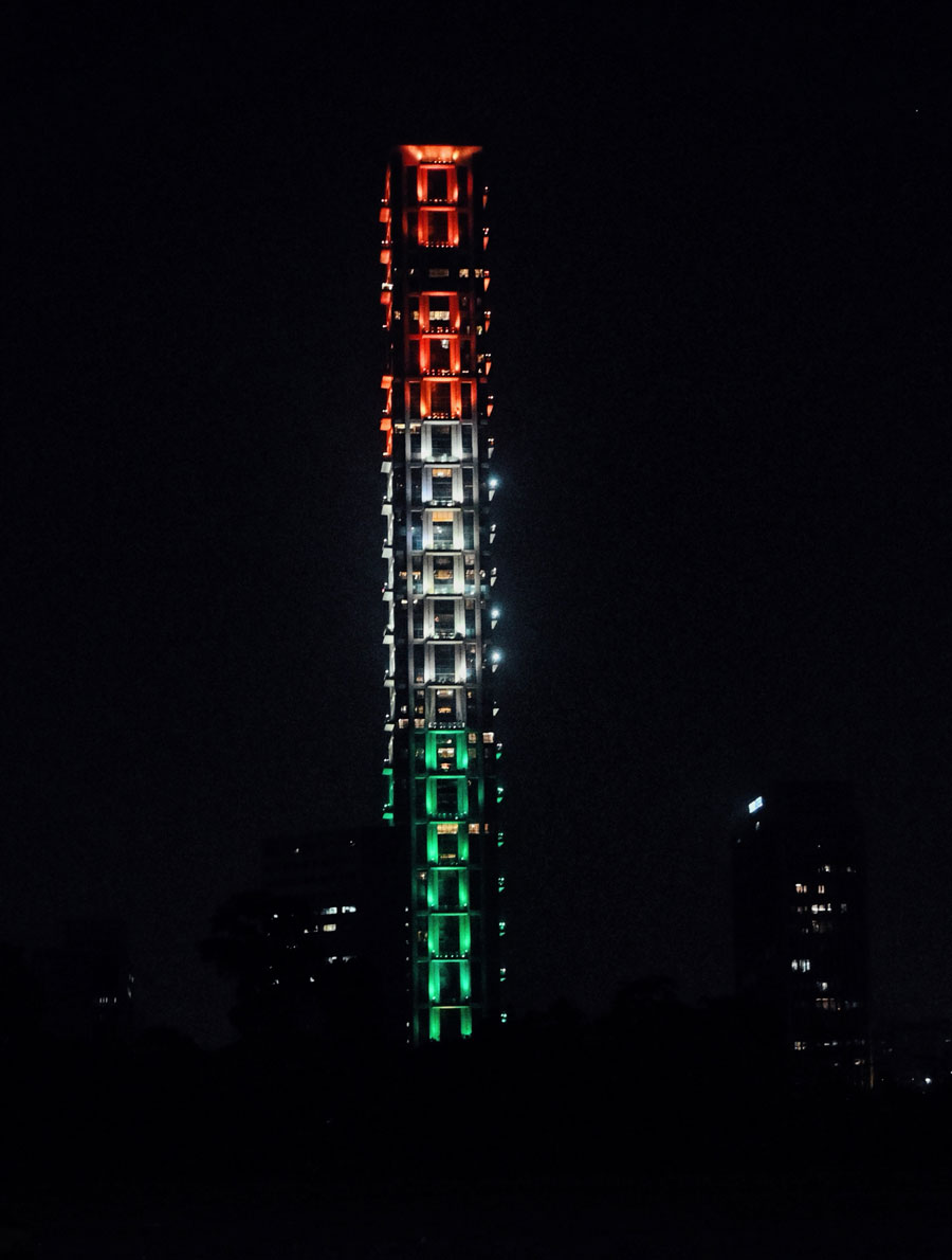 ‘The 42’ on Jawaharlal Nehru Road lit up in the colours of the Indian flag on Friday evening  