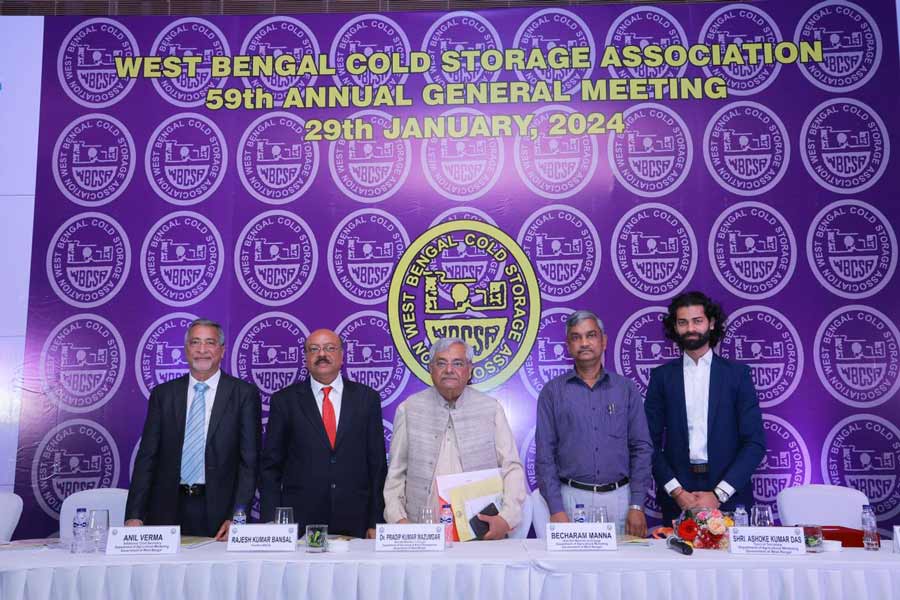 The 59th Annual General Meeting of West Bengal Cold Storage Association was held on Monday at The Almond (Salt Lake), Kolkata. It was inaugurated by the chief guest Becharam Manna, MIC Department of Agricultural Marketing Govt of WB; Pradip Kumar Mazumdar, MIC Department of Panchayat & Rural Development, Govt of WB and was attended by Ashok Kumar Das, special secretary, Agricultural Marketing Govt. of WB; Rajesh Kumar Bansal, president of West Bengal Cold Storage Association; Sunil Kumar Rana, vice president of West Bengal Cold Storage Association; Patit Paban De, former president of WBCSA & many other eminent personalities  
