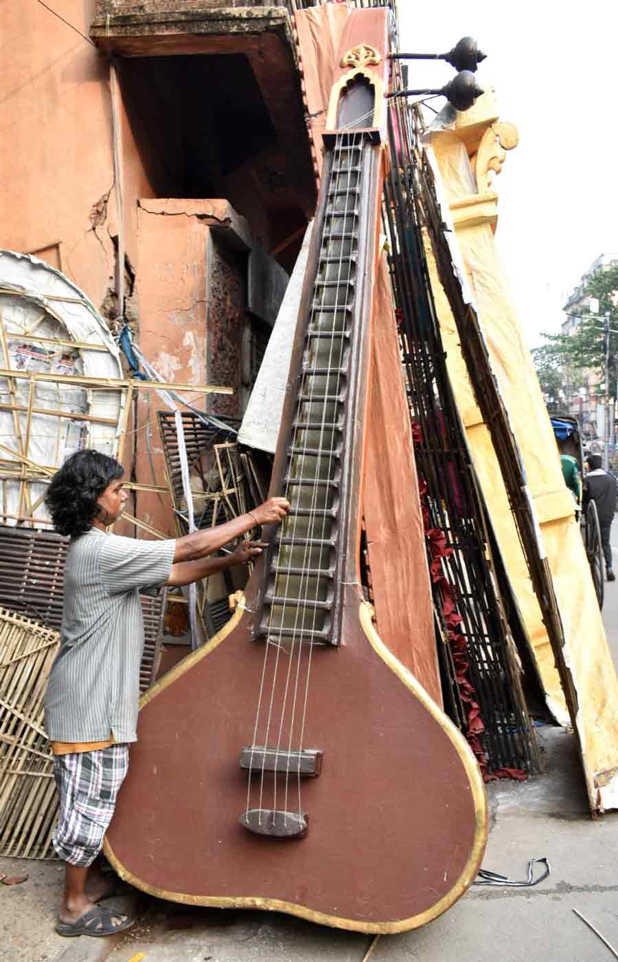 A giant Rudra Veena of Goddess Saraswati is being made at Dom Para on Central Avenue ahead of Saraswati Puja on February 14