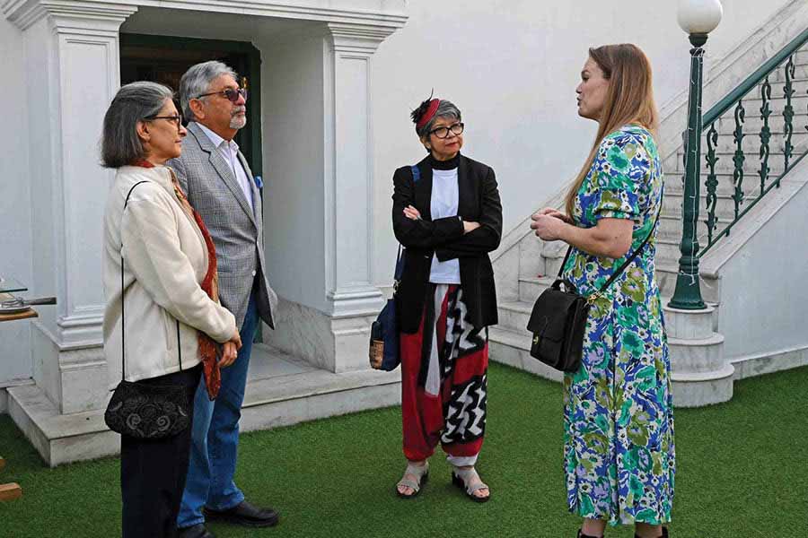 Ida Jo Pajunen speaks to Pratiti Basu Sarkar (centre), chief administrator of CIMA Gallery, along with Rohinton Babaycon, a tea veteran, and his wife Nilufer, a home chef 