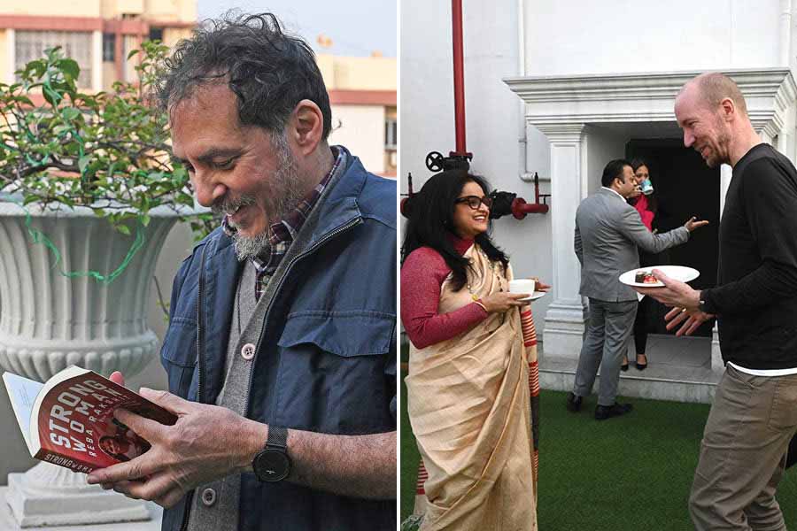 (Left) Bertram da Silva, vice-principal, arts and science, St Xavier's College, flips through the story of the indomitable stuntmaster Reba Rakshit; (right) journalist Chandrima Pal, who had helped the writer with research on Reba Rakshit, chats with Ida’s partner, Scott Lamps, over a cup of tea