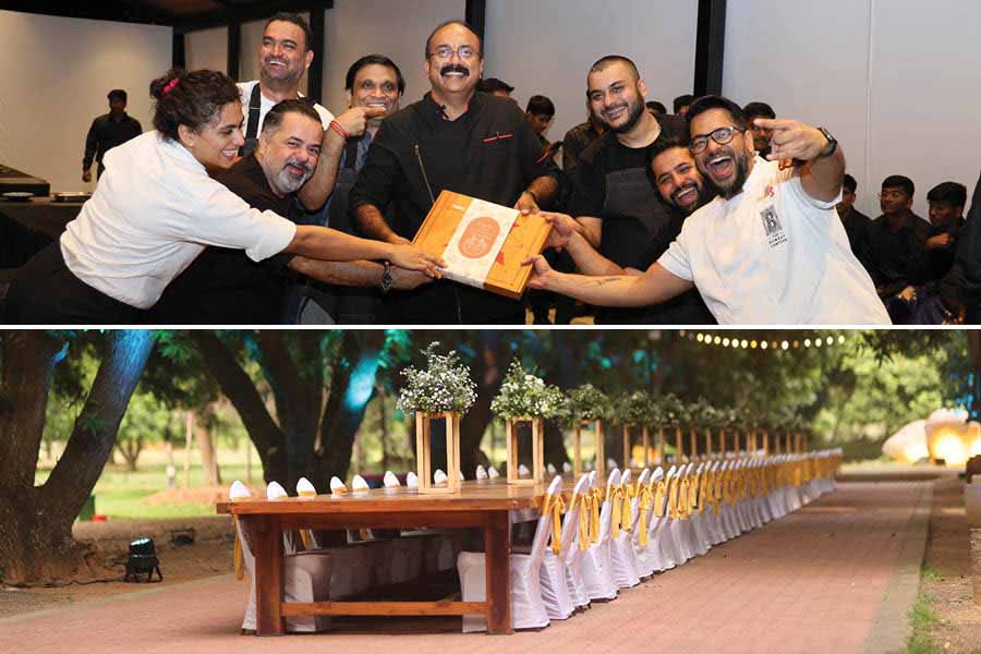 Chefs collaborated on an ambitious, almost audacious attempt to showcase the best of Indian cuisine on a 156 ft-long table for India’s Culinary Odyssey by chef Regi Mathew at Hanu’s Table. (L-R) Chefs Vanshika Bhatia, Vicky Ratnani, Avinash Martins, Regi Mathew, Harish Rao, Auroni Mookerjee, Varun Totlani and Shahzad Hussain