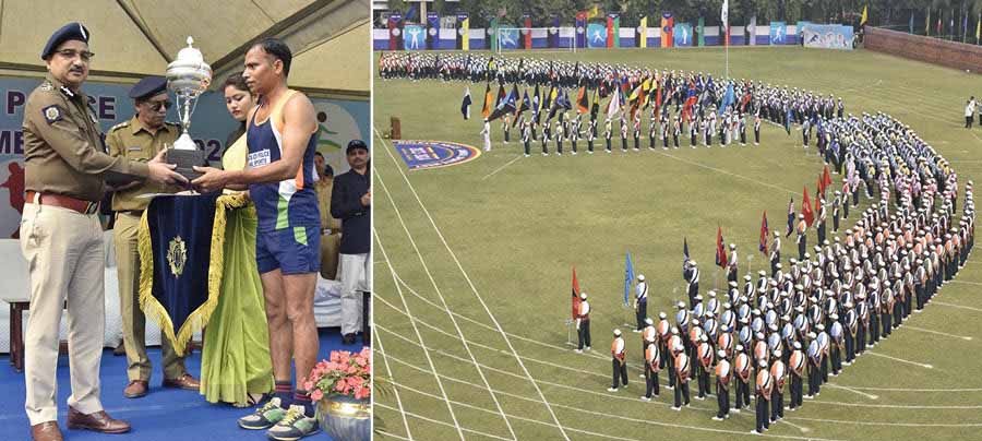 Kolkata police commissioner Vineet Kumar Goyal hands over prizes at the Kolkata Police Annual Sports meet at the Bodyguard Lines in New Alipore on Wednesday. 