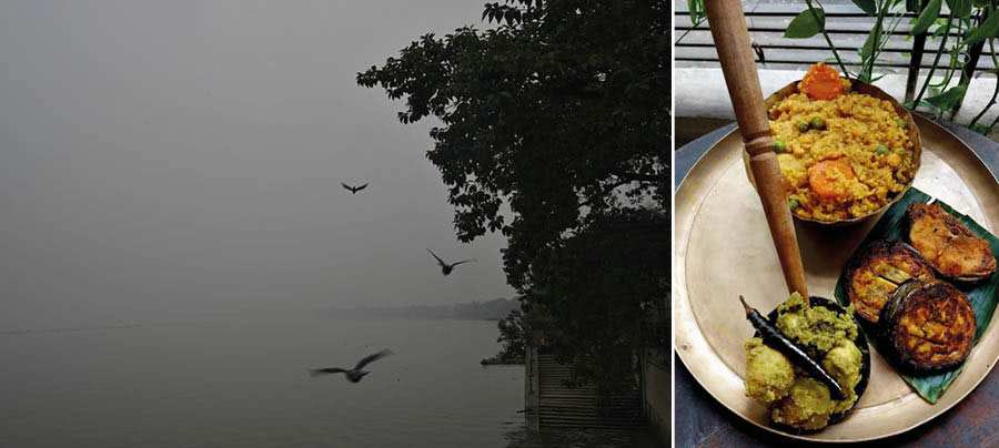 A foggy sky and a gloomy day in the city as seen over the Hooghly near Champatala Ghat on Wednesday afternoon was (right) the perfect excuse to gorge on a plateful of piping hot ‘khichuri’, fritters and tomato chutney at a Salt Lake home 
