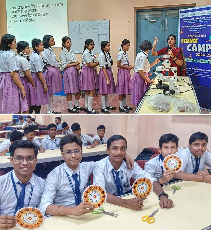 Students attend a science camp at Birla Industrial and Technological Museum on Wednesday. It was organised in association with Paschim Banga Samagra Shiksha Mission under the state school education department  