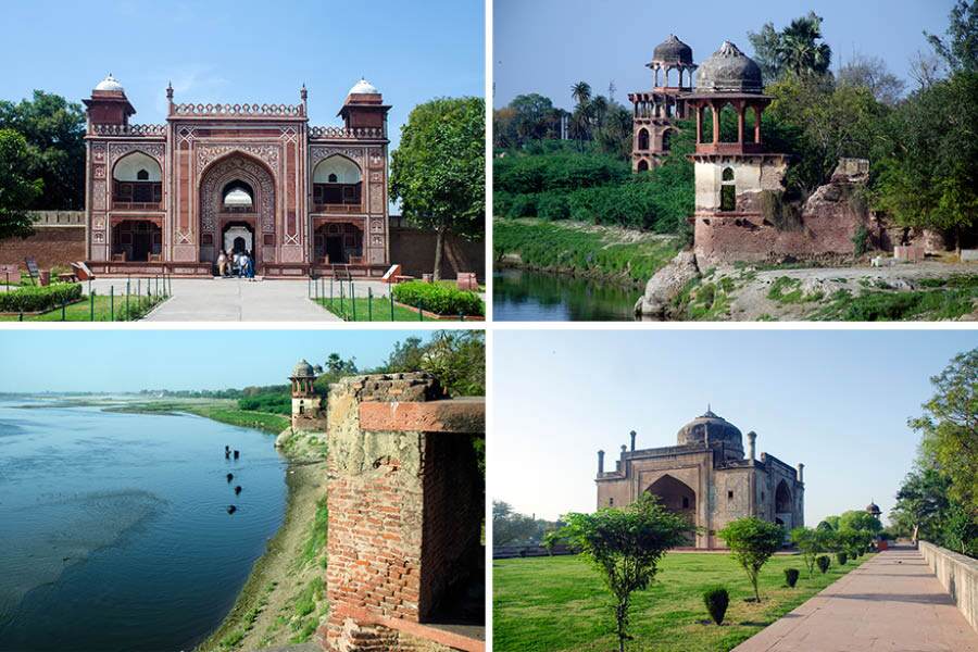 (Clockwise from top left) Gate of Itimud-ud-Daulah, ‘chhatris’ beyond Ram Bagh, bend in Yamuna viewed from Ram Bagh and Chini ka Rauza