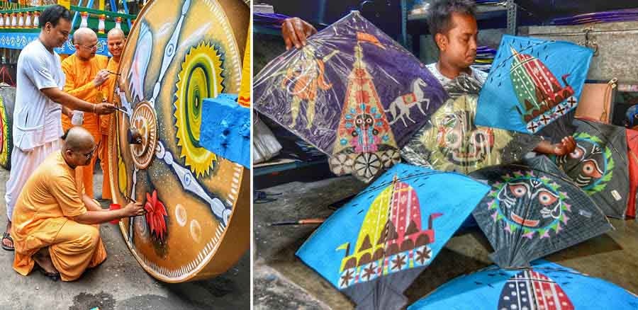 An Iskcon monk paints on the wheel of a chariot at Gurusaday Road in Ballygunge ahead of Rath Yatra on Sunday (left). Kite sellers at Hatibagan display kites for sale with photos of Lord Jagannath and chariots on Friday ahead of Ratha Yatra (right)  