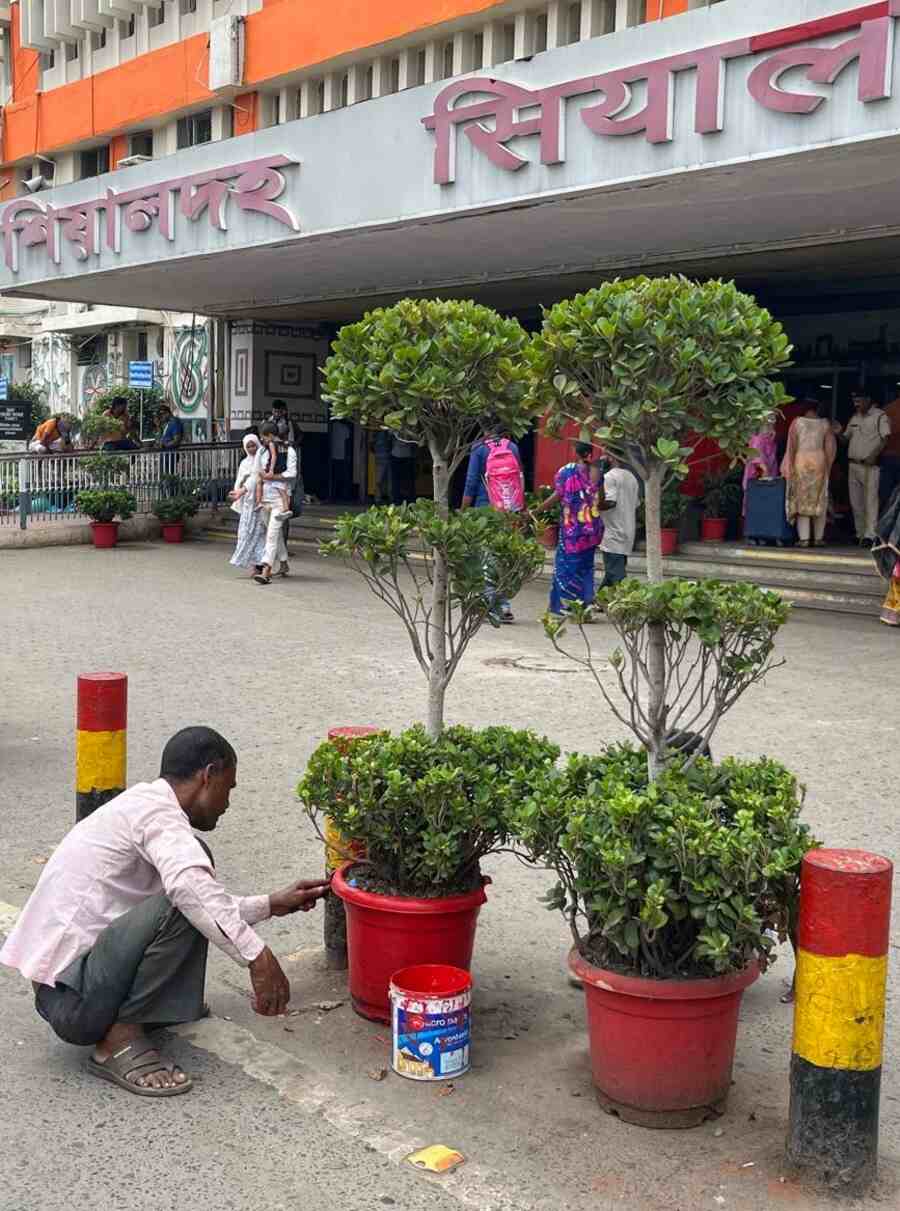 A worker paints a flower pot as a part of a beautification drive outside Sealdah railway station  