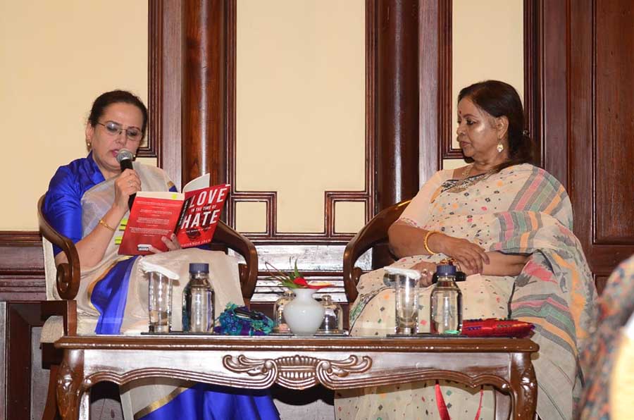 Rakshanda Jalil (left) reads out from her book, ‘Love in the Time of Hate’, as part of a conversation with Sangeeta Datta, Ehsaas Woman of London, at the latest edition of An Author’s Afternoon, organised by Prabha Khaitan Foundation at Taj Bengal. During the session, Jalil spoke about her journey as a writer, translator and critic