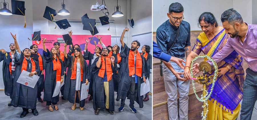 The first undergraduate batch of design students, under the partnership of École Intuit Lab and Techno India University, celebrate their graduation ceremony. The convocation ceremony was graced by Nivedita Poddar, art entrepreneur, Manoshi Roychowdhury, co-chairperson, Techno India Group, and Meghdut Roychowdhury, chief innovation officer and executive director, Techno India Group and Satrajit Sen, National Award-winning producer and director
