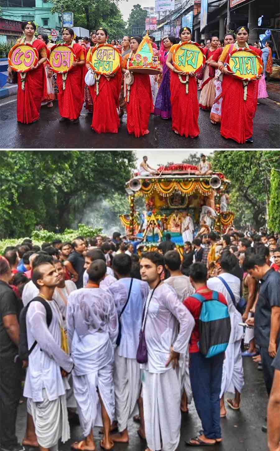 Devotees braved the rain to attend the colourful Rath Yatra procession held by Iskcon on Sunday. The iconic procession completed its 53rd year. Three chariots moved along Albert Road to Outram Road via Acharya Jagadish Chandra Bose Road  