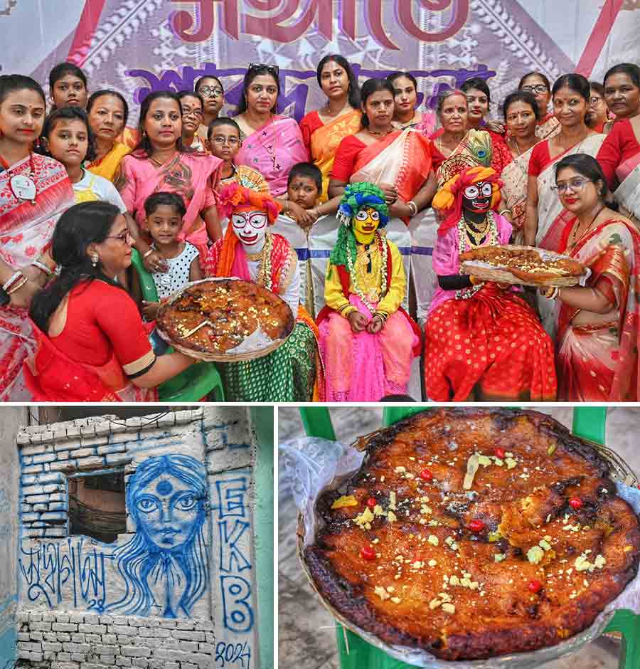 Durga puja organisers across Kolkata performed the khunti puja rituals on Sunday on the occasion of Rath Yatra. At Kanthalbagan Sarbojonin Pujo Committee, children dressed up as Jaganath, Balaram and Subhadra. Malpuas of one metre diameter were made on the occasion. The Entally puja has Blue City as its theme this year 