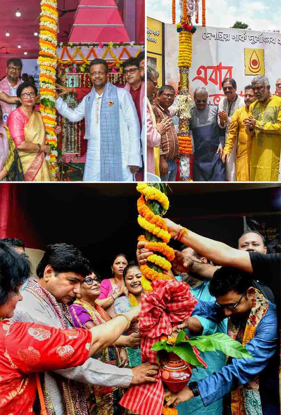 Mayor Firad Hakim and minister Chandrima Bhattacharya inaugurated khunti puja at Hindustan Club (top left). The ritual was also performed at Deshapriya Park on Sunday in the presence of mayoral council member Debashis Kumar (top right). Khunti puja of Golf Green Sarada Utsav Puja Committee was also held on Sunday (below)  