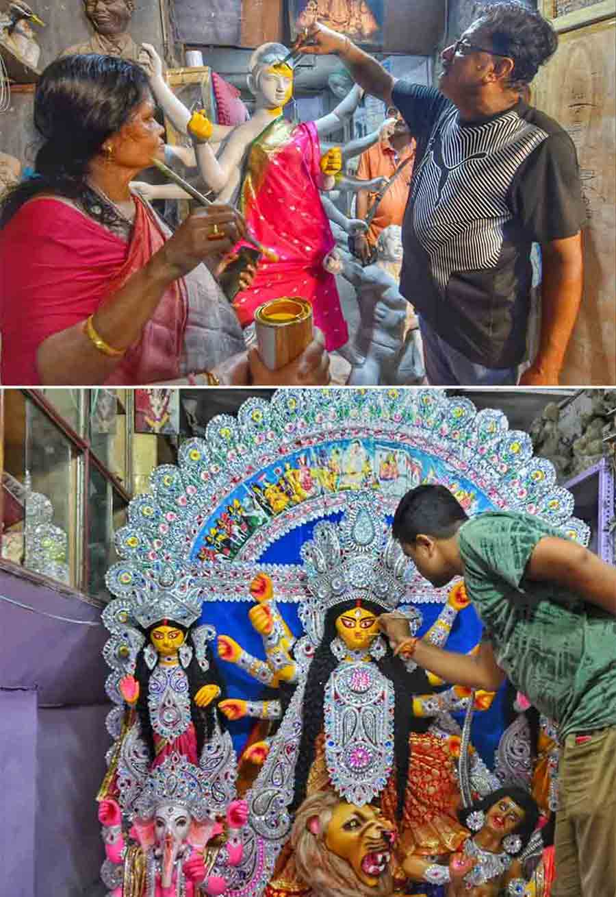 Artisans at Kumartuli are working relentlessly to finish the idols for dispatch to international destinations. (Top) This year, artists China Paul and Mintu Paul have used lead-free paint keeping in mind how harmful lead is for the environment and also causes health hazards. (Bottom) Artist Jayanta Paul puts the finishing touches to an idol that will be sent to New Jersey. Only 94 days are left for Durga Puja  