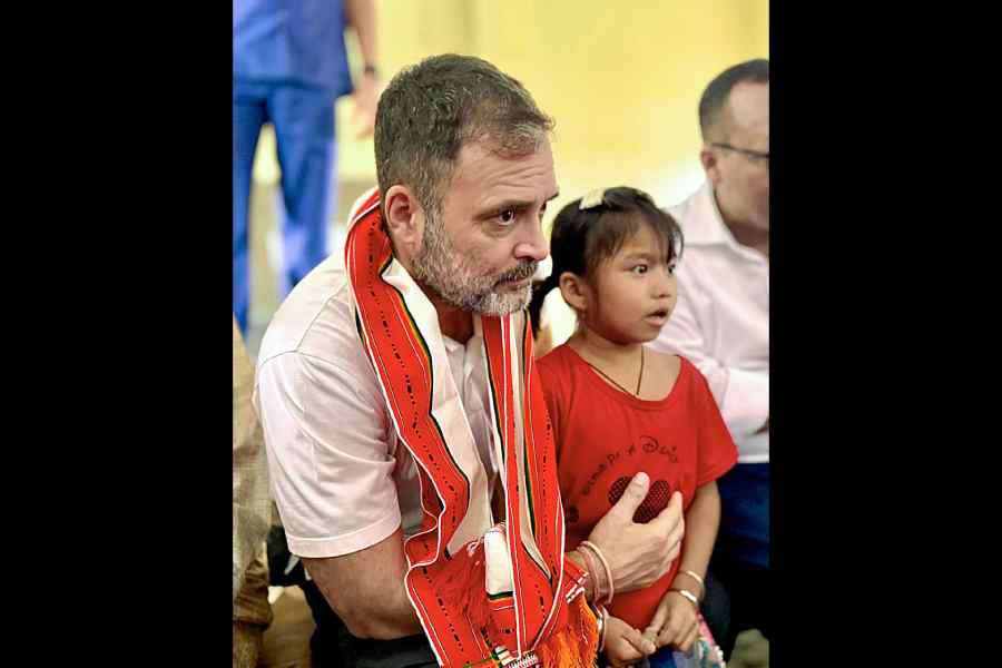 Rahul Gandhi at a relief camp in Jiribam, Manipur, on Monday.