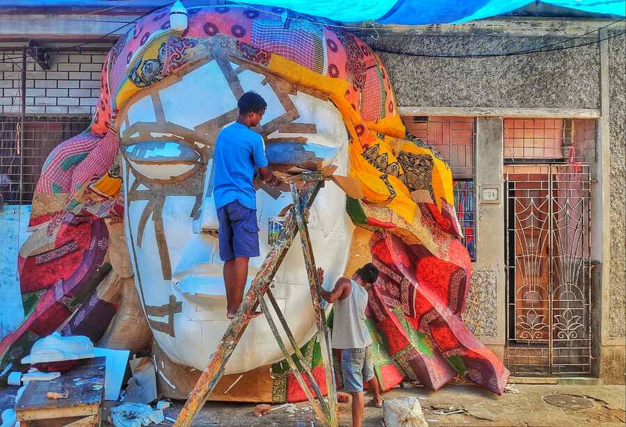 Artists at Dompara make huge props for upcoming festivals, on Tuesday afternoon