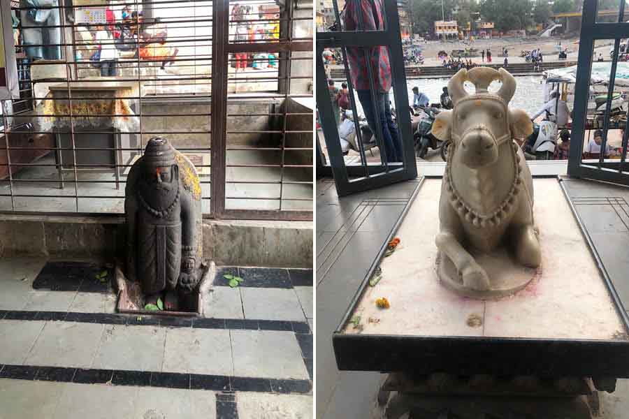 Inside view of Shree Simhasta Gautami Ganga-Godavari Bhagirathi Mandir and (right) a marble statue of Nandi outside Shree Vishveshwar Mandir.